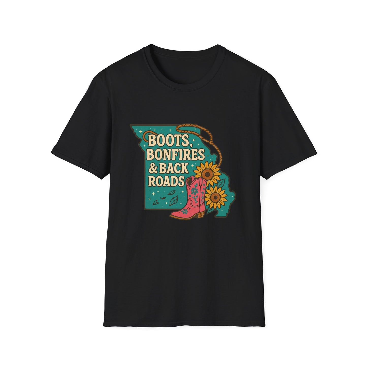 Missouri T-Shirt - Boots, Bonfires & Back Roads | Comfortable Tee, Country Style Shirt, Outdoor Adventure Wear, Gift for Nature Lovers
