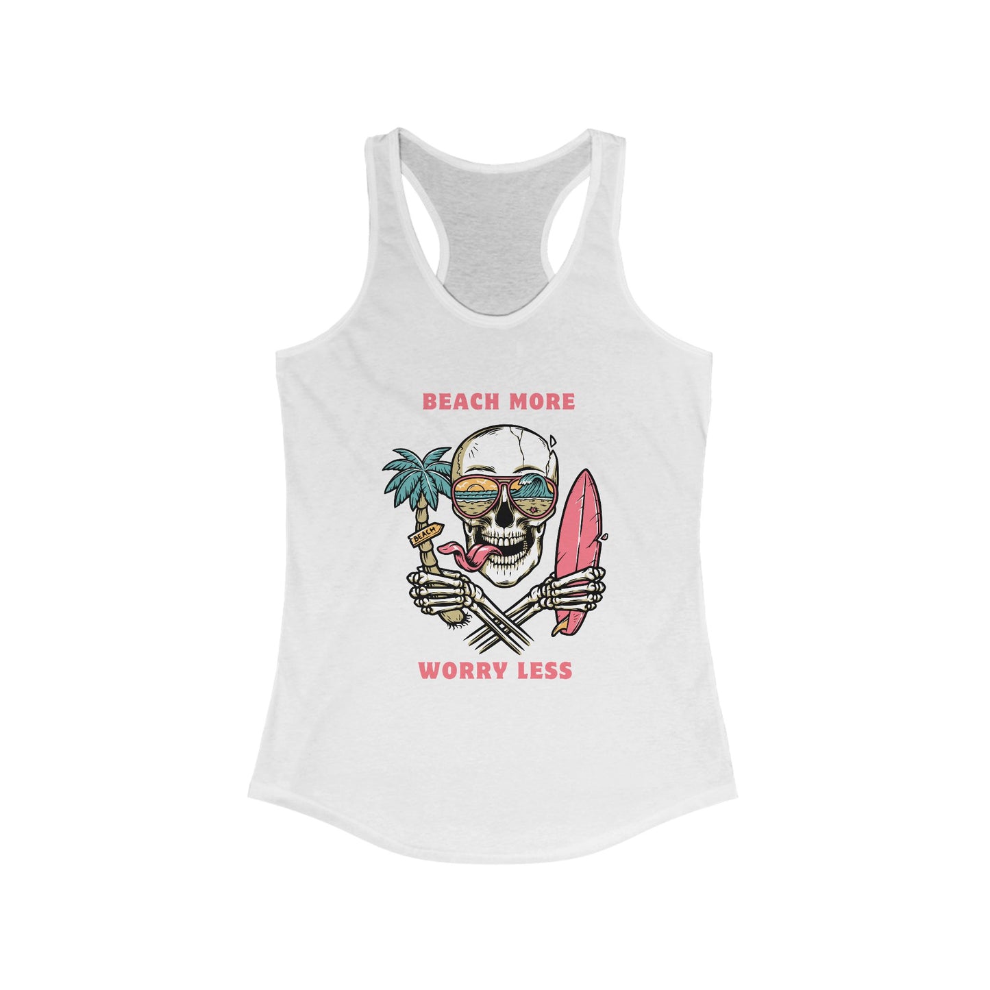 Summer Vibes Racerback Tank - "Beach More Worry Less" Graphic Tee, Casual Women's Top, Vacation Wear, Gift for Beach Lovers