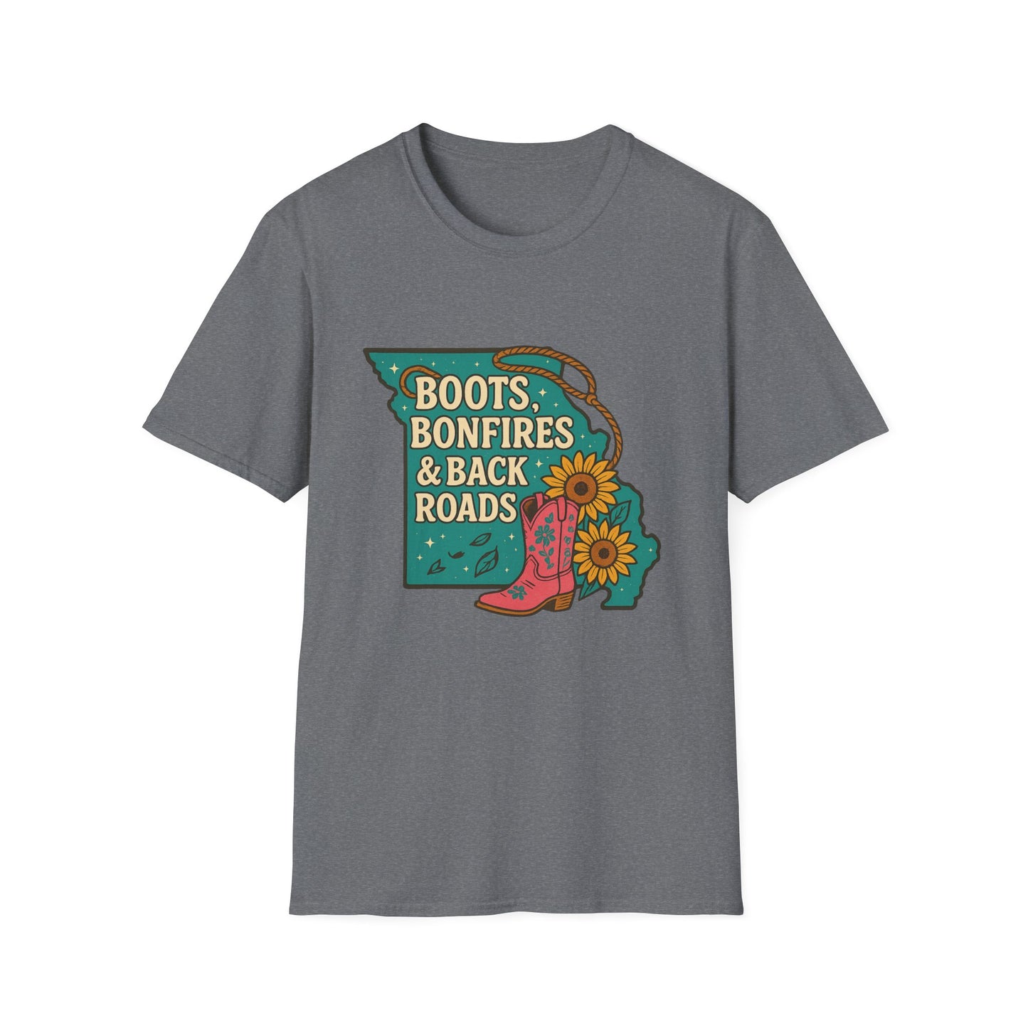 Missouri T-Shirt - Boots, Bonfires & Back Roads | Comfortable Tee, Country Style Shirt, Outdoor Adventure Wear, Gift for Nature Lovers