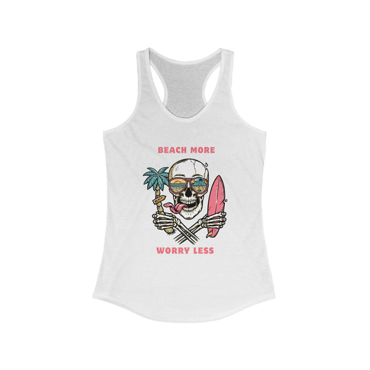 Summer Vibes Racerback Tank - "Beach More Worry Less" Graphic Tee, Casual Women's Top, Vacation Wear, Gift for Beach Lovers