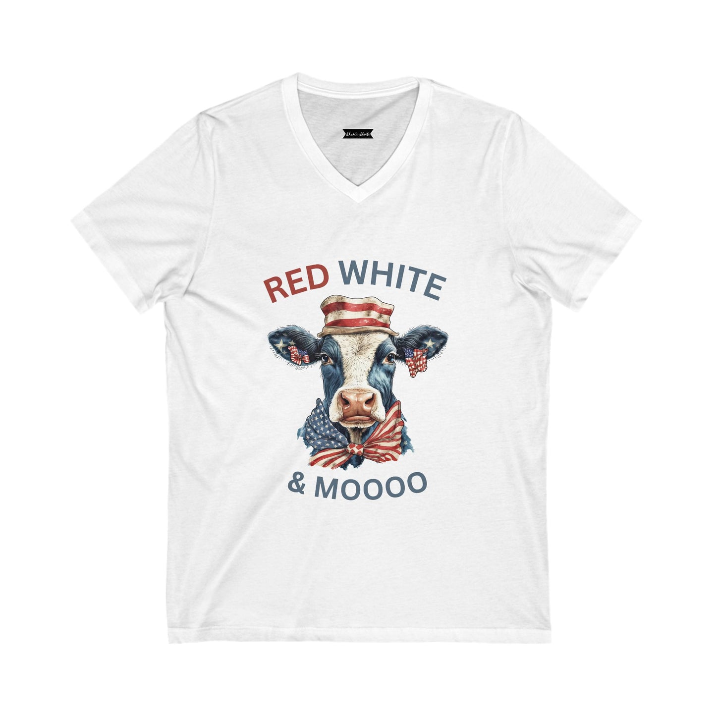 Patriotic Cow V-Neck Tee, Americana Shirt, 4th of July Apparel, Unisex Tee, Fun Holiday Shirt, Casual Summer Top