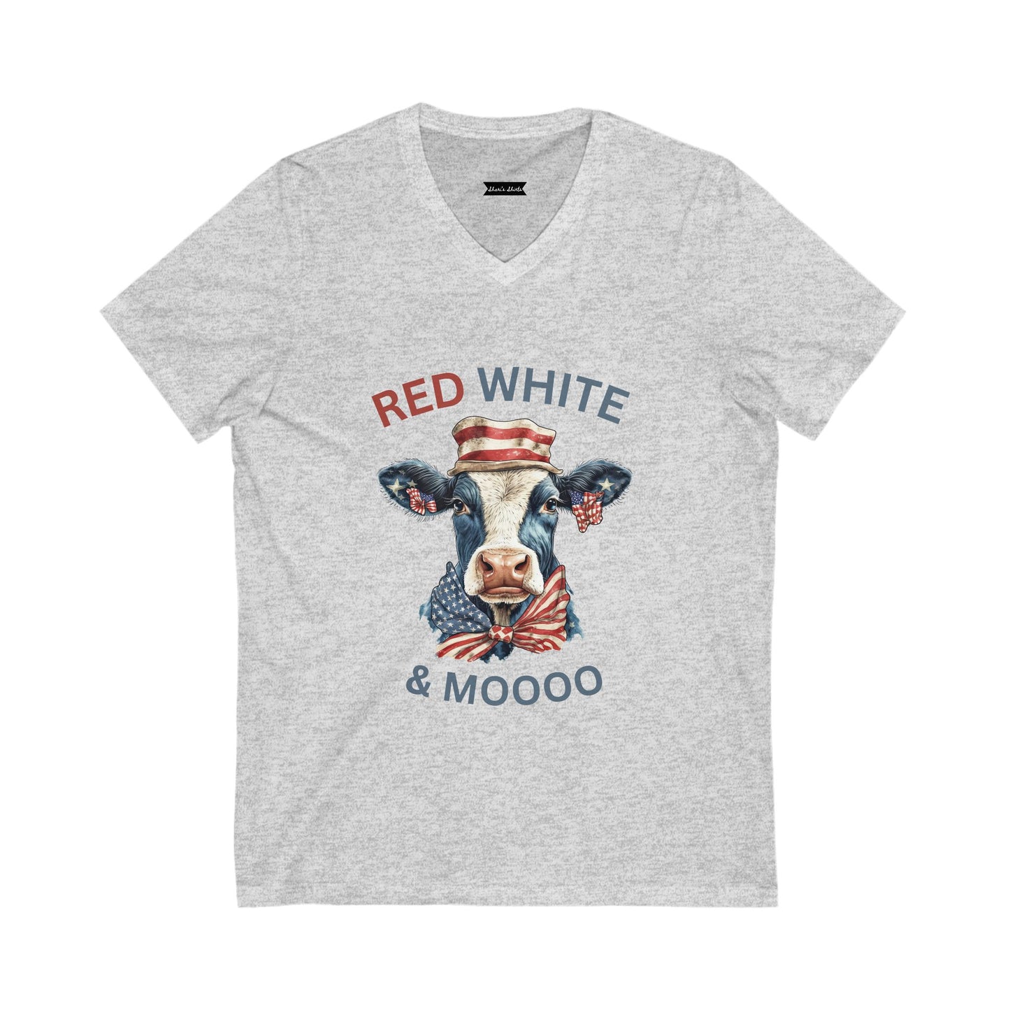 Patriotic Cow V-Neck Tee, Americana Shirt, 4th of July Apparel, Unisex Tee, Fun Holiday Shirt, Casual Summer Top