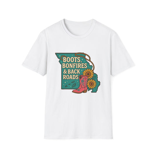 Missouri T-Shirt - Boots, Bonfires & Back Roads | Comfortable Tee, Country Style Shirt, Outdoor Adventure Wear, Gift for Nature Lovers